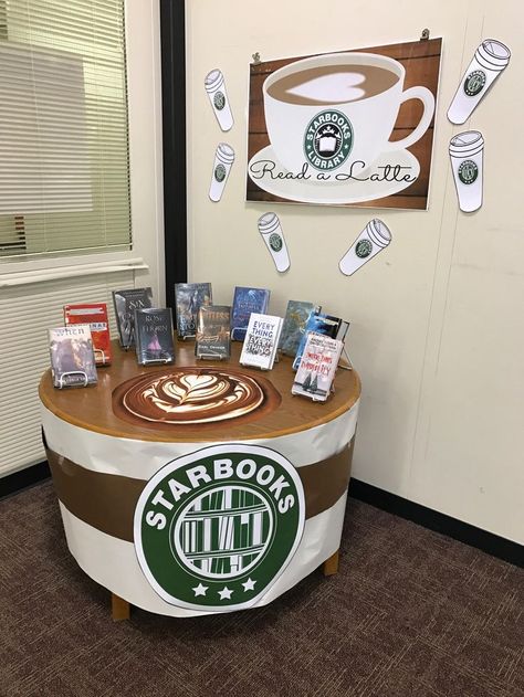 Read a Latte  Starbooks  High School Library Display.  Thank you  fellow Pinner for the inspiration! School Library Decor, Reading Display, School Library Displays, Teen Library, Middle School Libraries, Library Media Center, Library Themes, Library Book Displays, High School Library