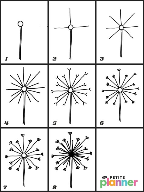 How to Draw a Dandelion - Step By Step Directions! Dandelion Drawing Step By Step, How To Draw Dandilion, How To Draw A Dandelion Step By Step, Doodling Step By Step, Dandelion Embroidery Pattern Free, How To Draw Wildflowers Step By Step, Dandelion Craft For Kids, Dandelion Drawing Easy, How To Draw A Dandelion