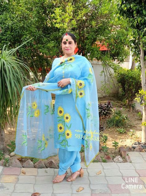 Painted Punjabi Suits Designs, Hand Painted Salwar Suits, Simple Suit Painting Design, Paint Suits Punjabi Design, Suit Painting Designs Punjabi Latest, Paint Suits Punjabi, Painted Suits Punjabi, Hand Painted Suits Punjabi, Hand Painted Suits Latest