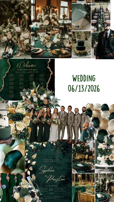 Emerald Green Color Palette Weddings, Emerald Green Wedding Mood Board, Gold Wedding Theme Color Schemes, Emerald Green Wedding Color Palette, Dark Emerald Green Wedding, Dark Green Wedding Theme, Dark Green And Gold Wedding, Green And Gold Wedding Theme, Dark Forest Wedding