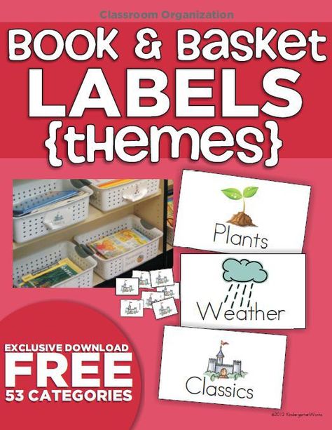 Classroom Library Book and Basket Labels - Themes {Freebie Printable} Book Basket Labels, Kindergarten Reading Centers, Classroom Library Labels, Lesson Plan Organization, Preschool Library, Classroom Library Organization, Book Basket, Book Bin Labels, Library Labels