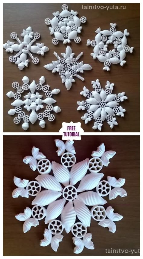 DIY Pasta Snowflake Ornament for Christmas - Easy Tutorial Pasta Ornaments, Christmas Snowflakes Crafts, Angel Tutorial, Pasta Crafts, Diy Christmas Fireplace, Diy Pasta, Snowflake Crafts, Diy Christmas Snowflakes, Christmas Snowflakes Decorations