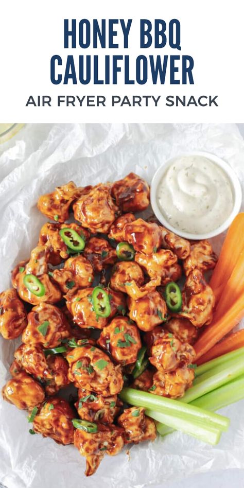 These Air Fryer Honey BBQ Cauliflower Wings are the perfect game day appetizer! They're battered and air fried, then tossed with a sweet and spicy honey BBQ sauce. They're crispy on the outside and tender on the inside - delicious! Honey Cauliflower, Bbq Cauliflower Wings, Bbq Cauliflower, Sweet N Spicy, Honey Bbq Chicken, Honey Bbq Sauce, Cauliflower Wings, Honey Bbq, Cauliflower Bites