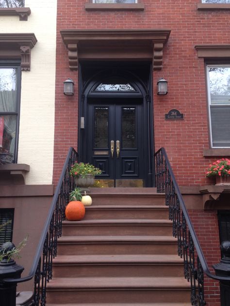 Brass Kickplate Front Door, Black Front Door With Sidelights And Arched Transom, Brooklyn Brownstone Exterior Front Doors, Craftsman Doors With Leaded Glass Exterior Front Entry, 48”luxury Front Door With Side Lights, Transom Window, Kick Plate, Transom Windows, Glass Front Door