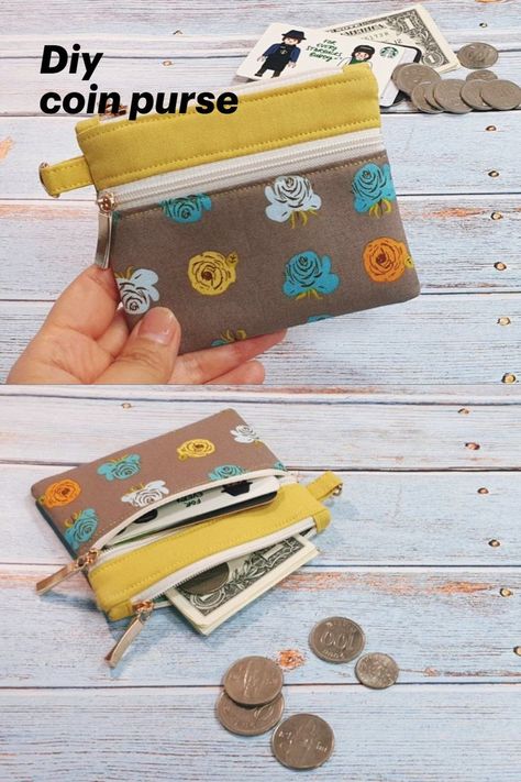 DIY Double zipper card & coin purse / zipper pouch / sewing tutorial [Tendersmile Handmade] Leather Sewing Accessories, Small Coin Purse Pattern Free Sewing, Free Coin Purse Patterns To Sew, Zipper Wallet Tutorial, Diy Coin Purse Pattern, Double Zipper Pouch Tutorial, Zipper Wallet Diy, Tendersmile Handmade, Diy Fabric Purses