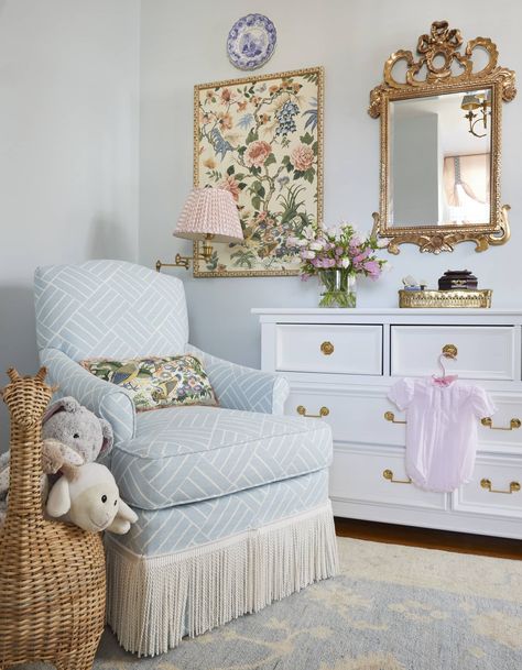 Lulu DK Panama II Fabric by Ashley Hanley Interiors | Quadrille Wallpapers & Fabrics Cottage Nursery, Nursery Room Design, Blue Cottage, Nursery Room Inspiration, Ikea Hackers, Kids Room Inspiration, Nursery Baby Room, Big Girl Rooms, Baby's Room