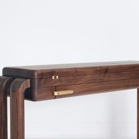 OTRAS FORMAS on Instagram: "Introducing the Bend Console Desk by Bronsin Ablon This single drawer console has a flip-top that allows the piece to convert to a desk. Shown in solid walnut with brass hardware. 54 W / 12.5 D / 32 H 54 W / 25 D / 30 H (Open) Available in a variety of finishes and in custom sizing. . . . . . . . #otrasformas #bronsinablon #console #desk" Stidio Console Desk, Brass And Wood Console Table, Signature Hardware Console Sink, Dxv Oak Hill Console Sink, Console Desk, Bend, Brass Hardware, Solid Walnut, Walnut