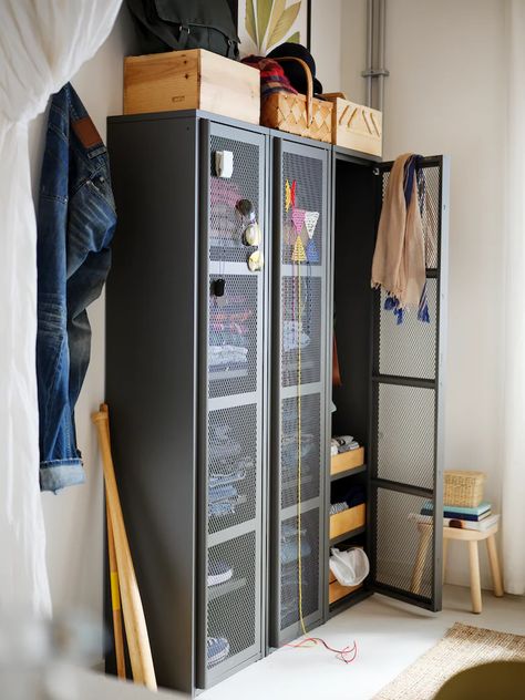 The cosy, mindful home of a couple and newborn - IKEA Ivar Cabinet, Ikea Ivar, Ikea Website, Kids Stool, Mesh Door, Metal Cabinet, Ikea Family, Storage System, Apartment Design