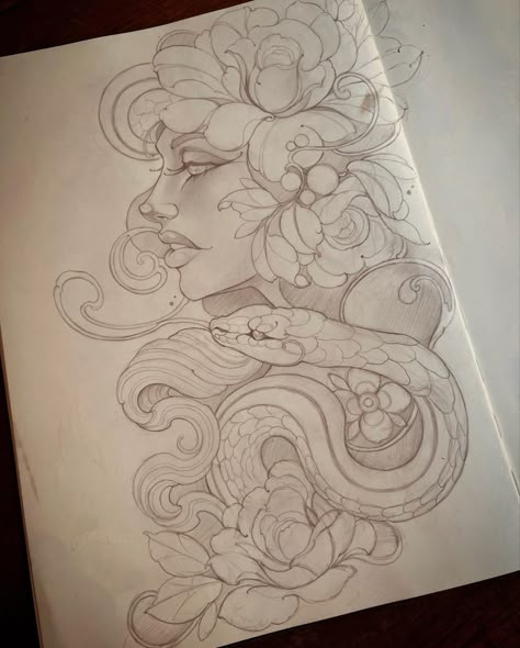 Medusa Reference, Neotraditional Snake, Neotraditional Flowers, Neo Tattoo, Coraline Art, Medusa Tattoo Design, Buddha Tattoo Design, Tattoo Apprenticeship, Medusa Art