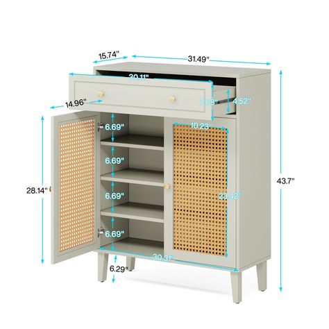 Shoe Cabinet with Doors and Drawer, Modern Rattan Shoe Storage Cabinet for Entryway, Mint Green - Bed Bath & Beyond - 39681028 Wooden Shoe Cabinet, Entryway Cabinet, Mudroom Decor, Cabinet With Doors, Wooden Shoe, Deck Box Storage, Cabinet Organizer, Green Bedding, Shoe Storage Cabinet