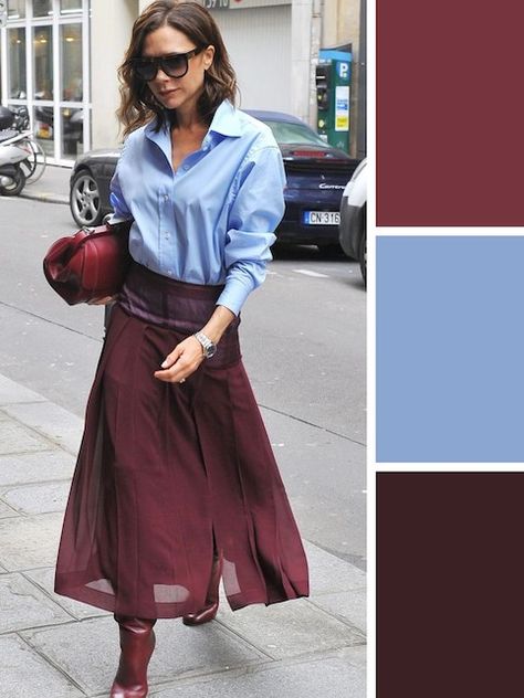 Gonna Bordeaux Outfit, Maroon And Blue Outfit, Burgundy And Blue Outfit, Fashion Outfits Colorful, Summer Cool Outfits, Blue And Red Outfit, Outfit Bordeaux, Bordeaux Fashion, Red And Blue Outfit