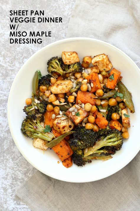 Sheet Pan Veggie Dinner with Broccoli, Sweet Potato, Tofu, Chickpeas, Sunflower seeds dressed with Miso Maple Dressing. #Vegan #Glutenfree #Nutfree #Recipe. Can be #soyfree with chickpea miso #VeganRicha Dinner With Broccoli, Sweet Potato Tofu, Broccoli Sweet Potato, Maple Dressing, Vegan Richa, Vegan Entrees, Veggie Dinner, Vegan Eats, Veggie Bowl