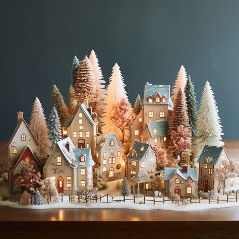 Putz Christmas Village, Aesthetic Christmas Village, Paper Mache Christmas Village, House Ornaments Diy, Modern Jul, Putz House, Diy Christmas Village, Christmas Village Houses, Christmas Village Display