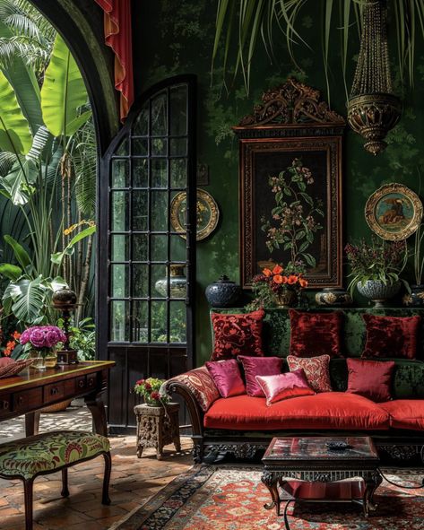 Colorful Boho Living Room, Vintage Maximalist Decor, Maximalism Interior, Dark Boho Living Room, Boho Living Room Ideas, Teal Walls, Decor 2024, Maximalist Decor, Green Home Decor