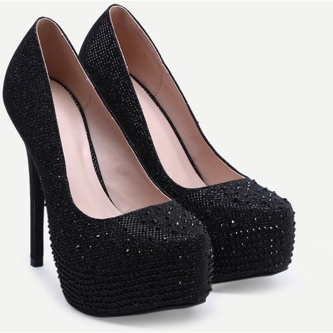 SheIn(sheinside) Black Glitter Platform Pumps ($13) ❤ liked on Polyvore featuring shoes, pumps, heels, black espadrilles, black pumps, pointed toe pumps, high heel platform pumps and high heel shoes Black Glitter Heels, Sparkly High Heels, Sparkly Pumps, Black High Heel Pumps, Black Chunky Heels, Black Platform Shoes, Glitter Pumps, Glitter Heels, Black Pumps Heels