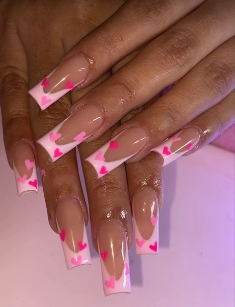 Nails French Valentines Day, Short Acrylic Nails Designs Valentines, Short Valentines Nails Almond, Valentines Nail Inspo Pink, Valentines Day Nails Square Pink, Birthday Valentines Nails, Valentines Day Nails Square Long, Valentine’s Day French Nails, Simple Valentines Day Nails French Tip