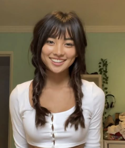 Flat Bangs Hairstyle, Updo With Short Bangs, Bangs And Claw Clip, Full Front Bangs, Cute Hairstyles For Round Faces Long, Short Bangs And Long Hair, Hair Cuts For Bigger Foreheads, Hairstyles For Long Hair With Bangs Updo, Bangs Wide Face