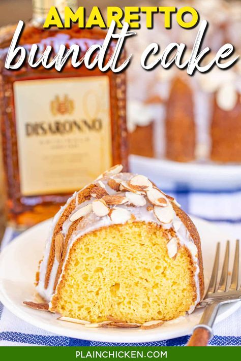 Amaretto Bundt Cake – if you like almond flavor, this cake is for you! The cake is super moist and the Amaretto glaze really puts it over the top! Extremely easy to make with a box of cake mix, vanilla pudding mix, and Amaretto liqueur. Serve the cake with some whipped cream or vanilla ice cream. SO good! Amaretto Bundt Cake, Amaretto Cake, Honeycomb Cake, Cheesy Biscuit, Lemon Pound Cake Recipe, Pound Cake With Strawberries, Plain Chicken, Lemon Pound Cake, Almond Flavor