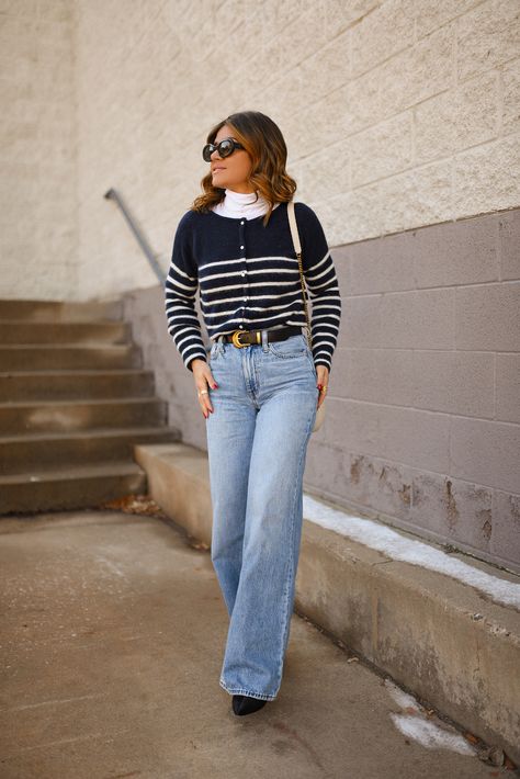 THE SEZANE STRIPED CARDIGAN YOU NEED Blue Striped Cardigan Outfit, Stripes Cardigan Outfit, Stripped Cardigan Outfits, Navy Striped Sweater Outfit, Striped Cardigan Outfit, Navy Cardigan Outfit, Stripe Cardigan Outfit, Paris Clothes, Winter Wardrobe Essentials