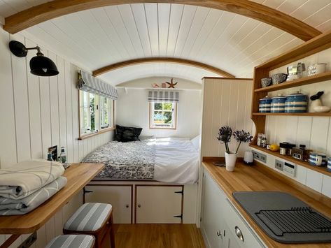 Delightful 1 bed Shepherds Hut with stunning view - Shepherd's huts (UK, France) for Rent in Ludgvan, England, United Kingdom - Airbnb Log Cabin Interior Ideas, Beach Hut Interior, Small Home Plan, Crooked House, Log Cabin Interior, Shepherds Hut, Cottage Bedroom, Indoor Fireplace, Cabins And Cottages