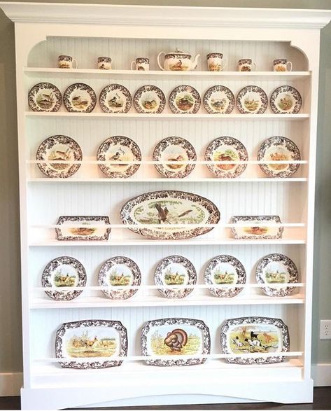 Spode Woodland...Feature Friday: Our Craftsman Cottage - Southern Hospitality Plate Rack Wall, Spode Woodland, Dish Display, Craftsman Cottage, Back In Business, Dish Storage, China Display, Plate Racks, Southern Hospitality