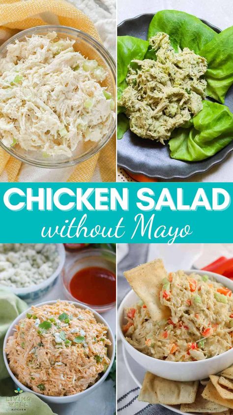 No Mayo Chicken Salad Recipes for 8 different high protein, nutritious chicken salads to enjoy for lunch or snack that are easy and delicious. Including healthy cottage cheese chicken salad, avocado chicken salad, buffalo chicken salad, curry avocado chicken, and greek yogurt balsamic chicken salad. Great for leftover rotisserie chicken ideas. High Protein Buffalo Chicken Salad, Mayo Free Chicken Salad, Chicken Salad Curry, Chicken Salad Recipe No Mayo, Recipes With Mayo, Easy Chicken Salad Recipes, No Mayo Chicken Salad, Chicken Salad Without Mayo, Rotisserie Chicken Ideas