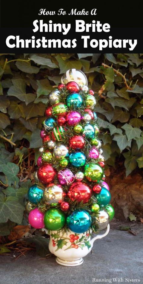 Crafts Using Christmas Ornament Balls, Christmas Ornament Tree Diy, Teacup Topiary, Christmas Ornament Topiary, Ornament Topiary, Ornament Trees, Christmas Tree Topiary, Evergreen Garland, Metallic Ball