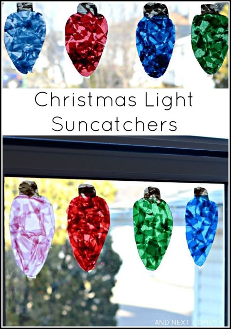 Easy Christmas craft for kids: make giant Christmas light suncatchers from And Next Comes L Easy Christmas Craft, December Crafts, Preschool Christmas Crafts, 4 December, Christmas School, 12 December, Preschool Christmas, Christmas Classroom, Easy Christmas Crafts