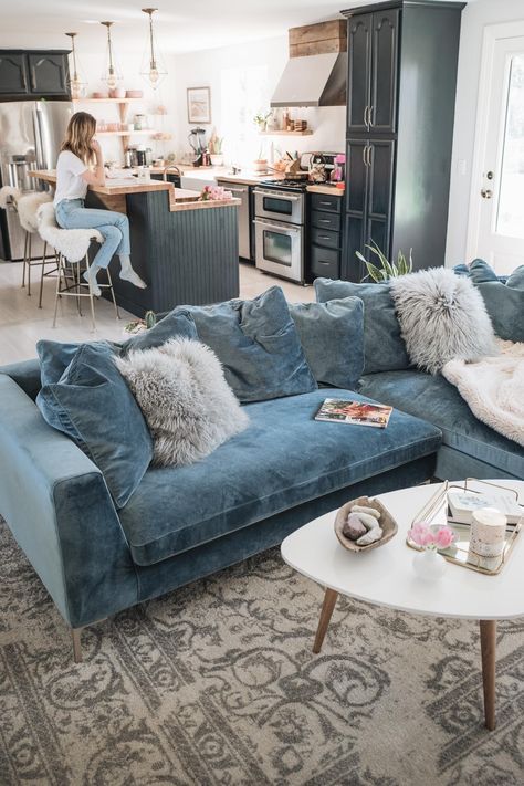 Living Room Renovation Reveal | Jess Ann Kirby uses the Rove Concepts Hugo Sectional as the statement of her living room Living Room Reveal, Living Room Renovation, Blue Couches, Room Renovation, A Living Room, Velvet Sofa, Design Case, Crushed Velvet, Apartment Living