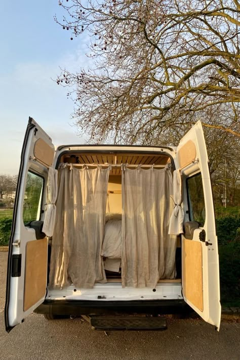 Rear privacy linen curtain on rail Side Door Entrance, Bedroom Storage Unit, Van Curtains, Van Project, Van Kitchen, Kangoo Camper, Quirky Campers, Campervan Conversion, Campervan Hire