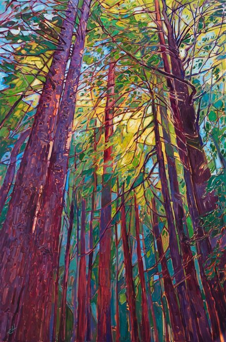 Redwood forest orignal oil painting by contemporary impressionism painter Erin Hanson Colorful Forest Painting, Vibrant Paintings, Erin Hanson, Oil Painting Inspiration, Contemporary Impressionism, Redwood Forest, Mosaic Pattern, Forest Painting, Oil Painting Portrait