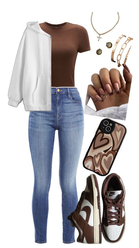 Simple brown outfit. Brown Shoe Outfits Women, Chocolate Shoes Outfit, Brown And White Dunks Outfit, Brown Nike Shoes Outfit, Winter Outfits Bootcut Jeans, Brown Jordan 1 Outfit, Brown Shirt Outfit Aesthetic, Outfit Ideas Dunks, Casual Brown Outfits