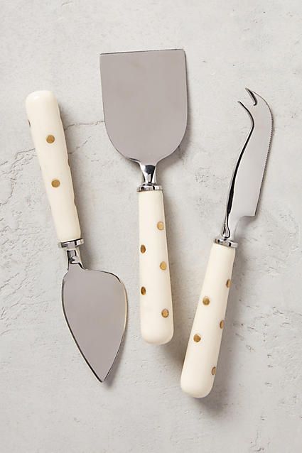 I love the gold polka dots on theses. they are so pretty. Anthropologie Brass-Dotted Cheese Knives  #homestyle #Houseahome  #Promotion #PaidAd #ad #CommissionLink Polka Dot Theme, Cheese Knife Set, Gold Wedding Theme, Cute Bedding, Pretty Kitchen, Marble Decor, Cheese Knives, Silver Flatware, Typographic Design