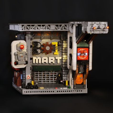 New Hasima City: Botmart Robot Supplies Lego Cyberpunk, Space Themes, Lego Knights, Big Lego, Robot Parts, Train Cars, Lego Space, Cyberpunk City, Train Car