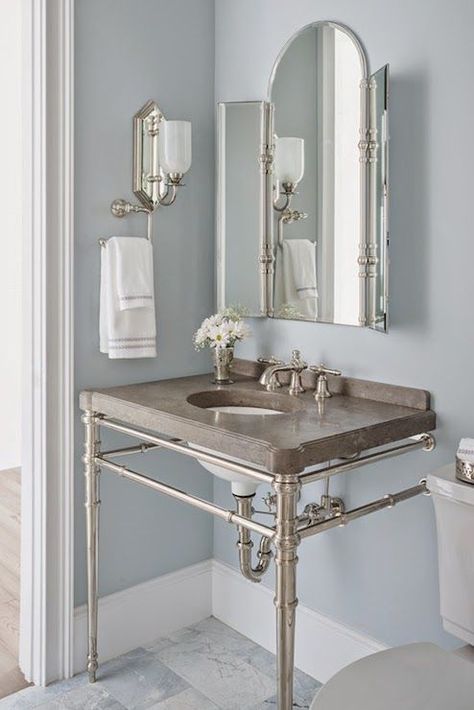 Reu Architects- Bathroom paint color is Benjamin Moore - Silver Gray. Kallista vanity sink. #banjaminmooresilvergray Silver Grey Paint, Light Blue Grey Paint, Blue Gray Paint Colors, Bathrooms Luxury, Blue Gray Paint, House Of Turquoise, Revere Pewter, Bathroom Paint Colors, Work Project