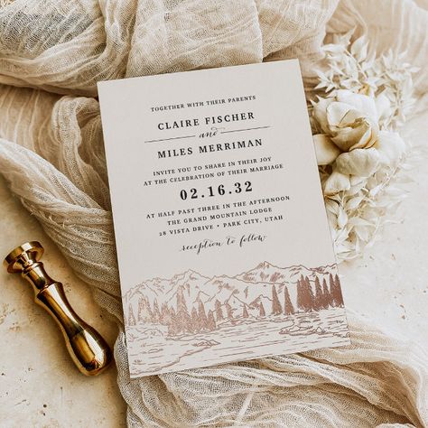 Mountain Sketch Wedding Foil Invitation Mountain Wedding Invitation, Popular Wedding Invitations, Mountain Sketch, Wedding Nature, Mountain Wedding Invitations, Wedding Announcement Cards, Winter Wedding Invitations, Foil Wedding Invitations, Forest Mountain