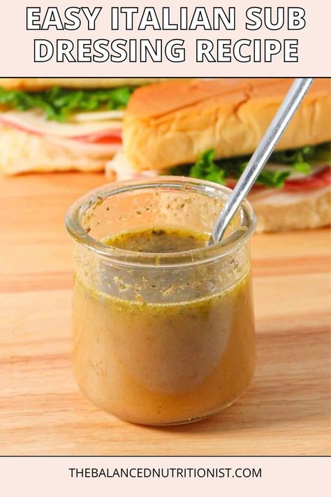 This homemade Italian sub dressing is the best recipe to elevate your sandwiches and chopped salad. Known also as grinder salad dressing, its healthy and vegetarian ingredients are perfect for adding a robust flavor to any dish. Italian Sandwich Sauce, Italian Sandwich Dressing, Grinder Dressing Recipe, Submarine Dressing Recipe, Sub Sauce Recipe, Sub Sandwich Dressing Recipe, Grinder Sauce, Italian Sub Dressing, Grinder Salad Dressing