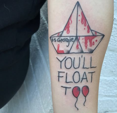 Pennywise Tattoo Horror Movie Tattoos Ideas Simple, Youll Float Too Tattoo, It Tattoo Ideas, It Tattoos Pennywise, Pennywise Boat Tattoo, Float Tattoo, Pennywise Flash Tattoo, Pennywise Tattoos, Penny Wise Tattoo