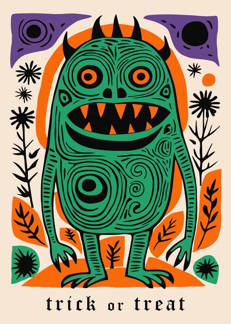 2024 Halloween Trends, Abstract Monster, Krampus Art, Spooky Poster, Halloween Trends, Screen Printing Art, Linocut Art, Cool Wall Art, Art Trends