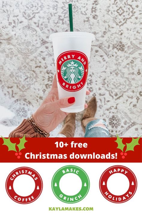 Christmas Starbucks Cold Cup Freebies - Kayla Makes #cricutcreated #Cricut #christmas Xmas Decor Ideas, Christmas Starbucks, Cup Decals, Cricut Christmas Ideas, Starbucks Diy, Custom Starbucks Cup, Cup Decal, Cricut Projects Beginner, Free Christmas Printables