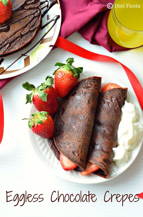 I was so very excited to try out these yummy crepes preeti suggested for this months fusion dessert “Sweet fantasy club” . I wanted to try out crepes for long time for now but some how missed to try out thanks to preeti of “ Simply tadka” for suggesting this yummy chocolate crepes with strawberries . I followed...Read More » Eggless Crepes, Crepes With Strawberries, Chocolate Crepes Recipe, Cooking Decorating, Chocolate Crepes, Sweet Breakfast Treats, Pancakes From Scratch, Eggless Desserts, Donut Dessert