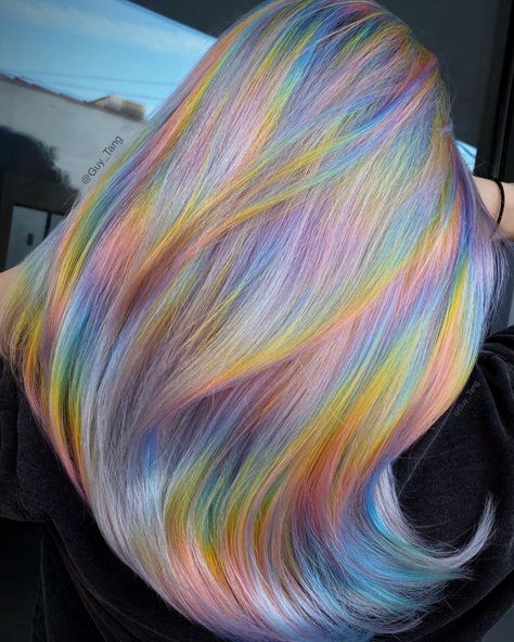 Guy Tang® on Instagram: “I created this Holographic Prism hair using all the Vibrant Pastels and SuperPower shades in @guytang_mydentity on my friend @laurennikohl…” Prism Hair, Brunette Light, Cosmetology Ideas, Iridescent Hair, Curled Prom Hair, Guytang Mydentity, 2016 Hair, Holographic Hair, Vivid Hair