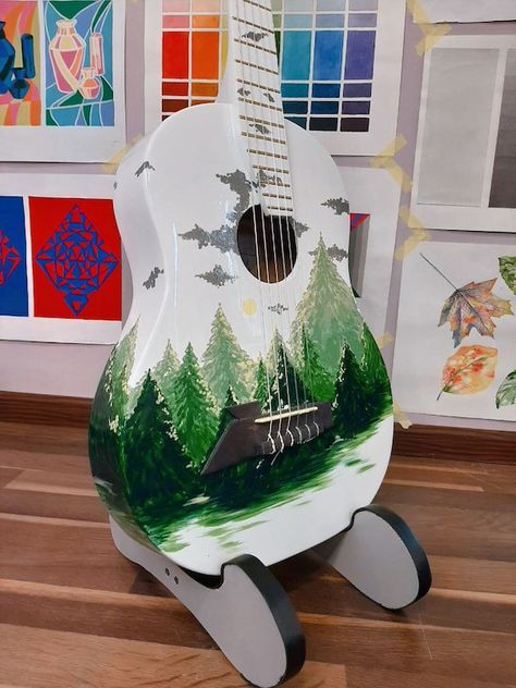 Drawing On Guitar, Painting On Guitar, Guitar Art Diy, Guitar Art Painting, Customized Guitar, Painting Guitar, Spruce Forest, Guitar Artwork, Ukulele Art