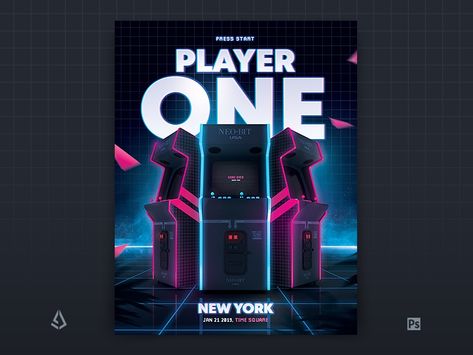 Video Games Flyer 80s Retro Arcade Gaming Poster Template Poster Design Ideas School, Game Poster Design, Games Template, 80s Poster, Retro Arcade Machine, Retro Games Poster, Photoshop Template Design, Gaming Poster, Neon City