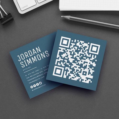 Keep it simple and bold with this stylish, trendy business card showing your QR code in big on the front and your contact info in clean, minimalist typography in dusty navy blue with social media icons on the back. Dusty Navy Blue, Trendy Business Cards, Qr Code Business Card, Square Business Cards, Minimalist Typography, Visiting Card Design, Square Business Card, Modern Business Cards, Visiting Cards