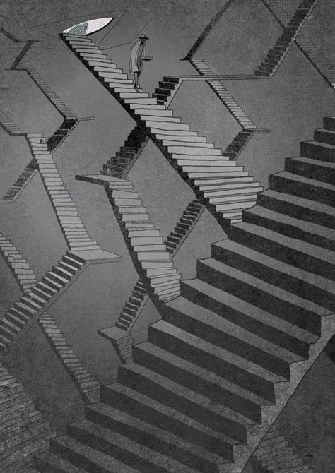 Maze Art Illustration, Kafkaesque Aesthetic, Escher Stairs, Escher Art, Surreal Art, Art Plastique, Labyrinth, Optical Illusions, Dark Art