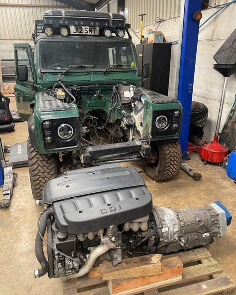 Land Rover Defender Swaps with an OM648 and ZF 8HP eight-speed automatic Land Rover Defender Restoration, Land Rover Pick Up, Scary Terry, Land Rover 88, Land Rover Series 3, Defender 130, Tonka Toys, Land Rover Defender 90, Engine Swap