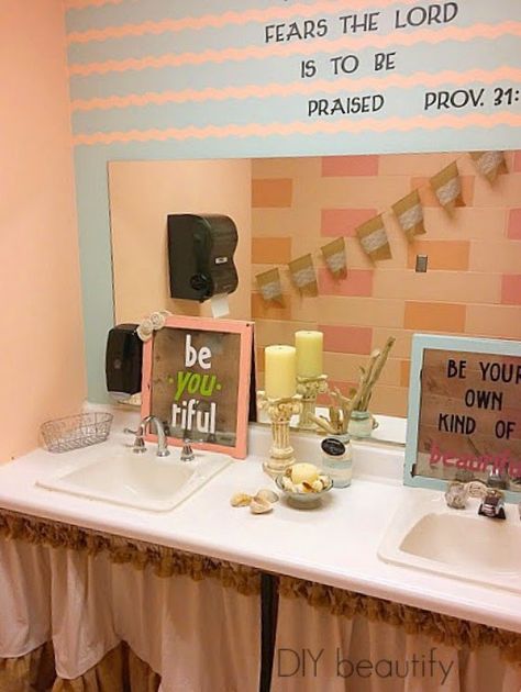 UGLY Church bathroom makeover www.diybeautify.com #frogtape School Bathroom Ideas, School Bathroom Makeover, Church Bathroom Ideas, Framing Mirror, Modern Parisian Interior, Church Bathroom, Church Lobby Design, Commercial Bathroom Designs, Ladies Bathroom