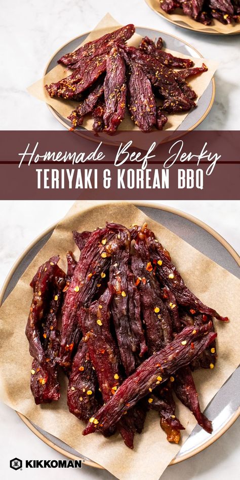 Beef Jerky 2 Ways | Beef jerky makes an easy protein snack for school, work, picnics, or hiking trips! Learn how to make your own with this easy recipe. Start with a pound of flank steak and some Kikkoman® Teriyaki Takumi, in Korean BBQ or Original flavour! Marinate with spices and bake in the oven for 3.5-4 hours. Perfect beef jerky every time. Serve it as part of a charcuterie board or chopped and sprinkled over a salad! What’s your favourite way to eat jerky? #Kikkoman Korean Bbq Beef Jerky Recipe, Beef Jerky Marinade Food Dehydrator, Bbq Jerky Recipes, Flank Steak Jerky Recipes, Korean Bbq Jerky Recipe, Korean Beef Jerky Recipe, Garlic Jerky Recipe, Keto Jerky Recipe, Beef Jerky Marinade