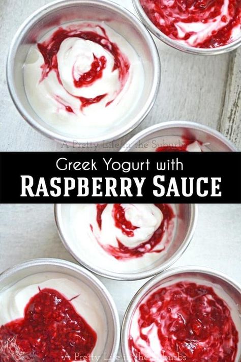 This Fresh Raspberry Greek Yogurt treat is delectable.  A homemade raspberry sauce mixed with Greek Yogurt is a healthy and delicious snack or breakfast! Greek Yogurt Recipes Healthy, Greek Yogurt Snacks, Raspberry Sauce Recipe, Yogurt Snacks, Greek Yogurt Flavors, Raspberry Yogurt, Cocktail Syrups, Greek Yogurt Recipes, Raspberry Recipes